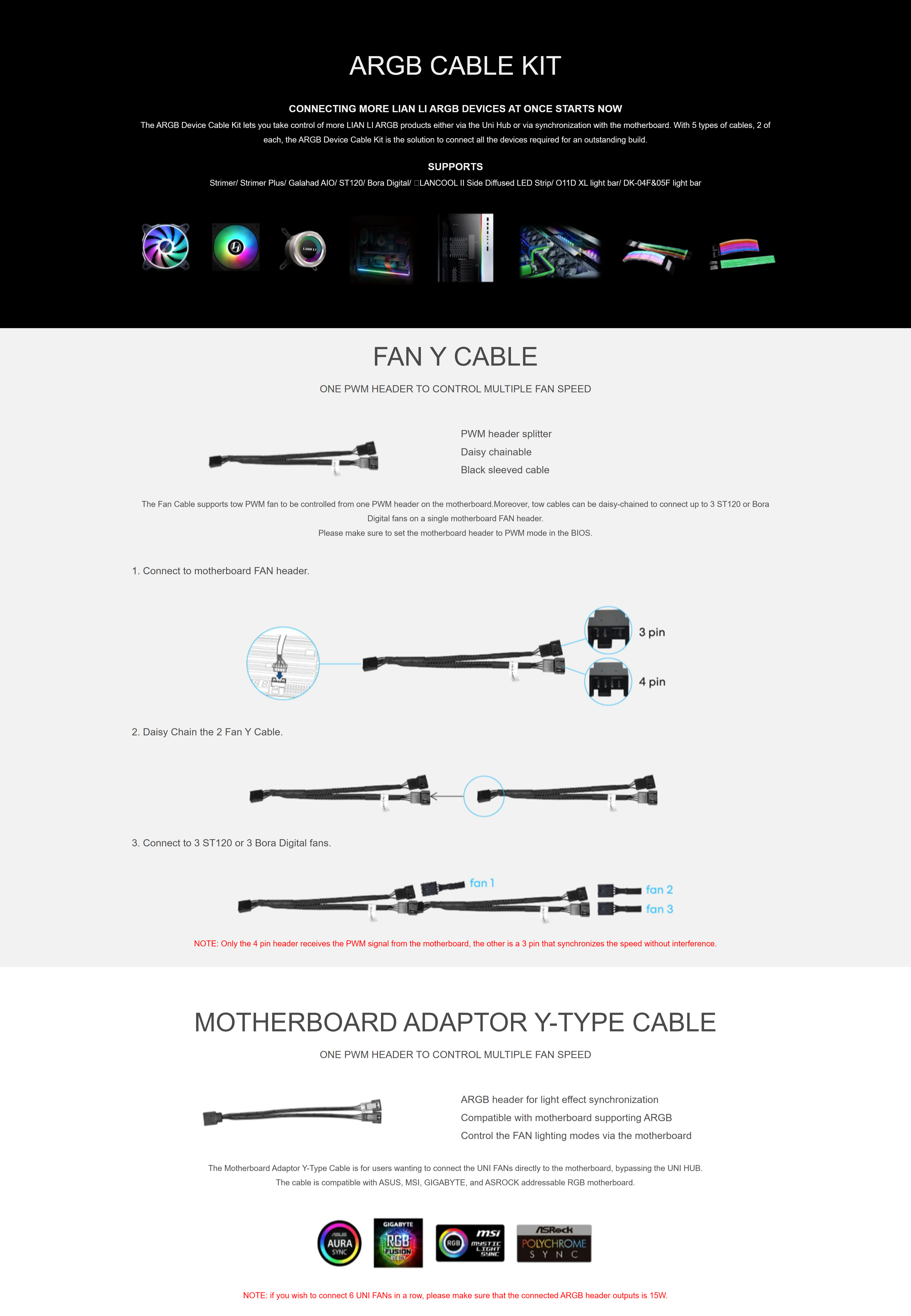 A large marketing image providing additional information about the product Lian-Li ARGB Device Cable Kits for Strimer/Strimer Plus/Galahad AIO/ST120 - Additional alt info not provided